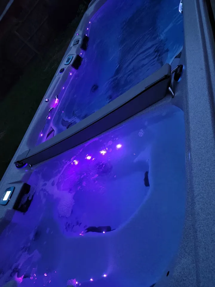Swim spa at night at Bluejacket Bungalow